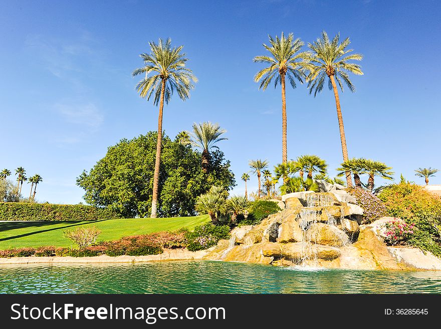 Fountain of water over boulders with row of palm trees. Fountain of water over boulders with row of palm trees