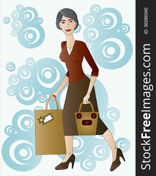 Illustration of beautiful mature woman carrying a gift bag on background of blue circular shapes. Illustration of beautiful mature woman carrying a gift bag on background of blue circular shapes.