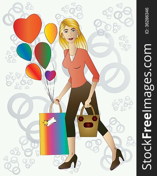 Illustration of beautiful blonde woman wearing a colorful gift bag with balloons on background of circular shapes in light gray tone. Illustration of beautiful blonde woman wearing a colorful gift bag with balloons on background of circular shapes in light gray tone.