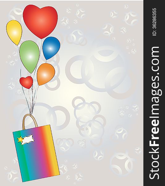 Illustration of gift bag with colorful balloons on background pearly circular shapes. Illustration of gift bag with colorful balloons on background pearly circular shapes.