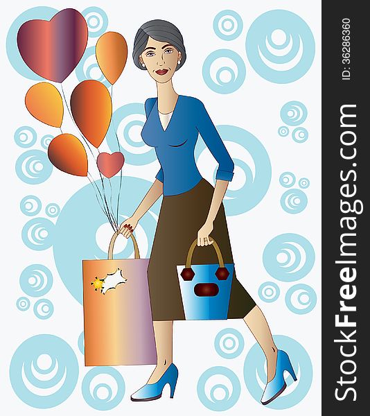 Illustration of beautiful mature woman carrying a gift bag on background of blue circular shapes. Illustration of beautiful mature woman carrying a gift bag on background of blue circular shapes.