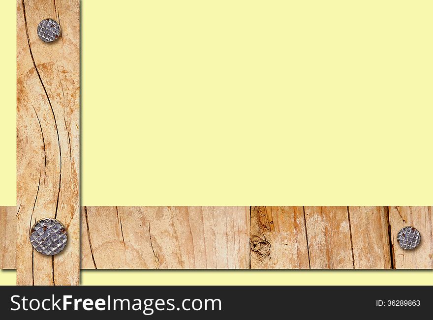 Abstract frame of wooden planks with nails over light yellow background