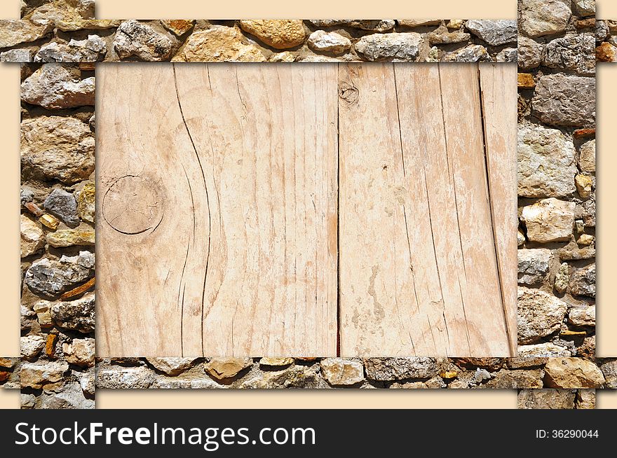 Abstract frame with stone borders over wooden board background. Abstract frame with stone borders over wooden board background