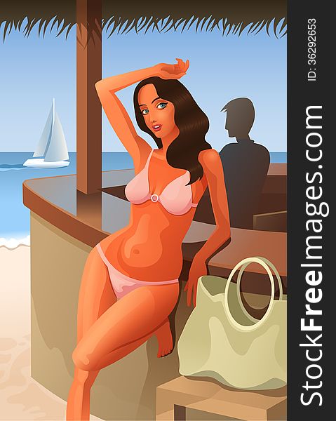 Tanned woman in bikini standing at the seashore bar waiting for a drink. Tanned woman in bikini standing at the seashore bar waiting for a drink