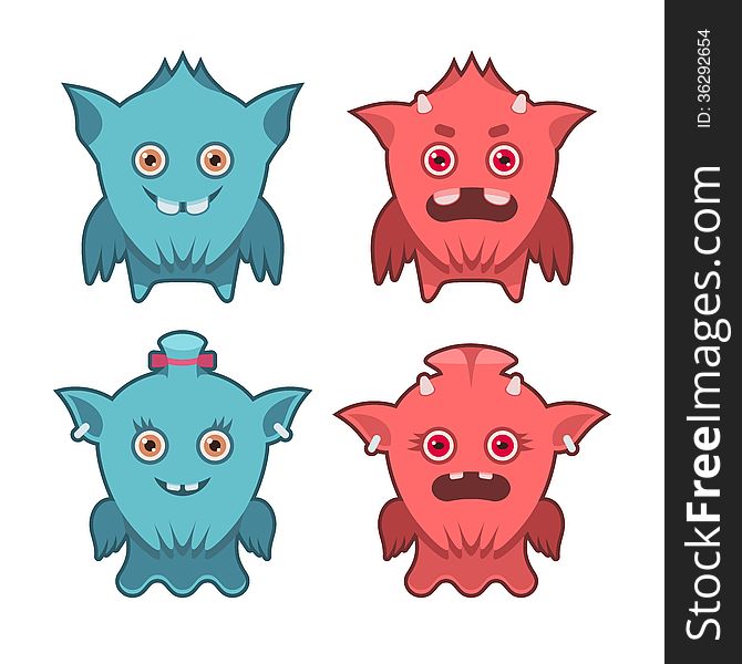 Illustration of male and femail monsters with different face expressions. Illustration of male and femail monsters with different face expressions