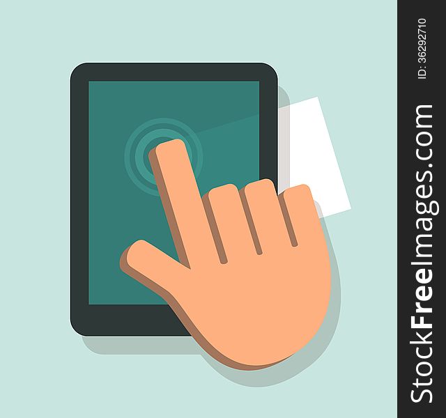 Abstract hand touching a tablet screen in a gesture of transferring information from real paper document to digital format. EPS 10. All objects in the illustration are grouped and separated. The only transparency instance is in shadow. Abstract hand touching a tablet screen in a gesture of transferring information from real paper document to digital format. EPS 10. All objects in the illustration are grouped and separated. The only transparency instance is in shadow.