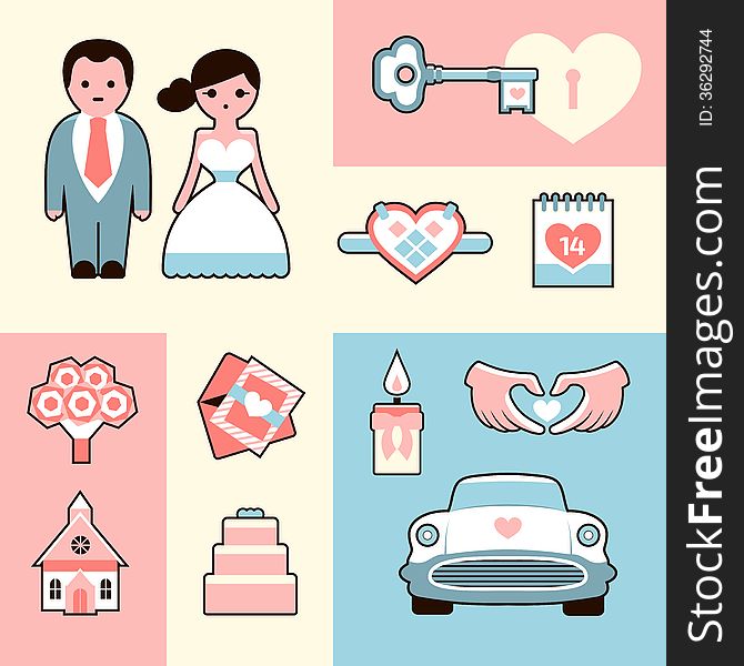 Vector icons set with a wedding and romantic theme. EPS 8, well layered and grouped. Vector icons set with a wedding and romantic theme. EPS 8, well layered and grouped.