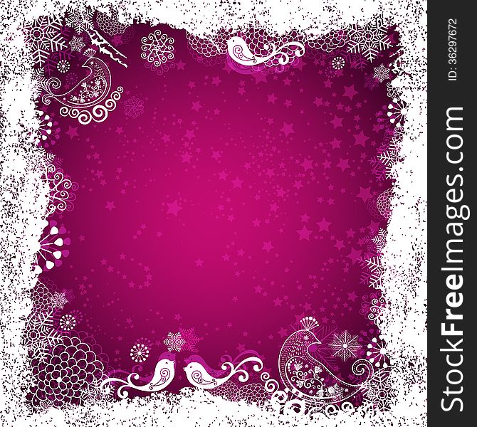 Purple christmas frame with white birds, snowflakes and stars (vector eps 10)