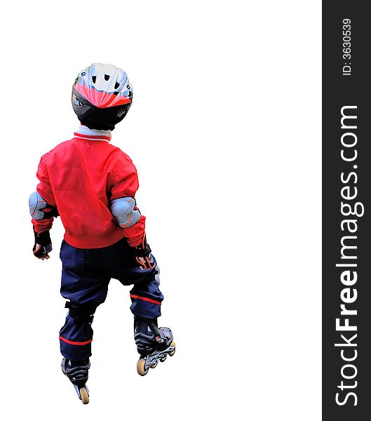 The young sportsman, the little boy on roller skates, a pure white background. The young sportsman, the little boy on roller skates, a pure white background.