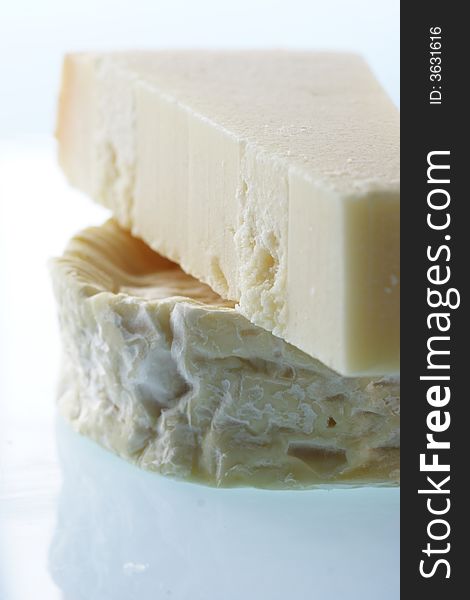 Close-up of Parmesan and Camembert cheese