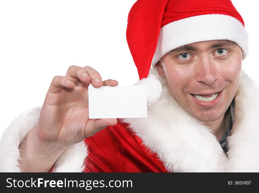 Businessman clothed in costume of Santa Claus show blank visiting card isolated over white background. Focus on the hand and card!. Businessman clothed in costume of Santa Claus show blank visiting card isolated over white background. Focus on the hand and card!