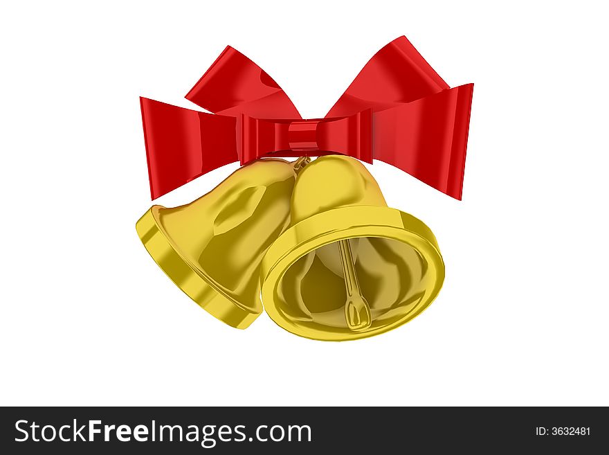 Golden christmas bells with small ribbon on white