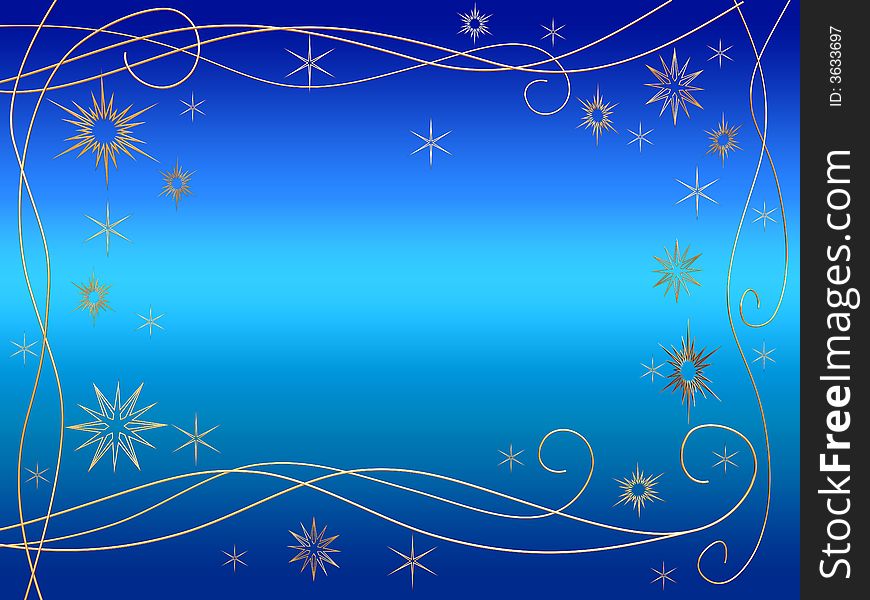 3d golden snowflakes over blue background with feather center. 3d golden snowflakes over blue background with feather center