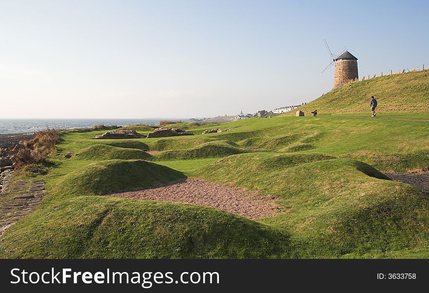 Indutrial landscape - saltpans and windmill from the 18th century in St Monans , Scotland