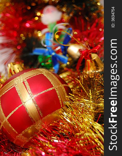 Christmas red and yellow ball, glare, other decoration. Christmas red and yellow ball, glare, other decoration