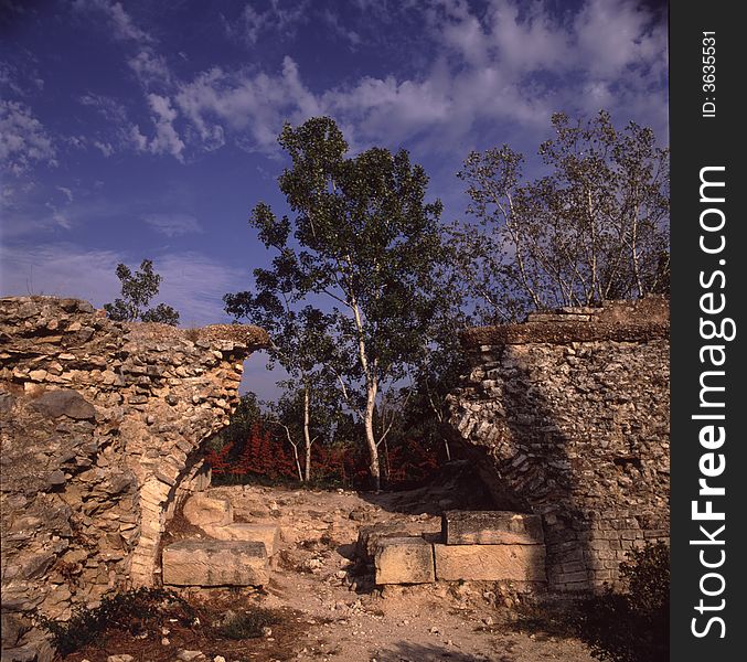 Remains of a Roman Aqueduct near Arles, South of France, in the evening sunlight