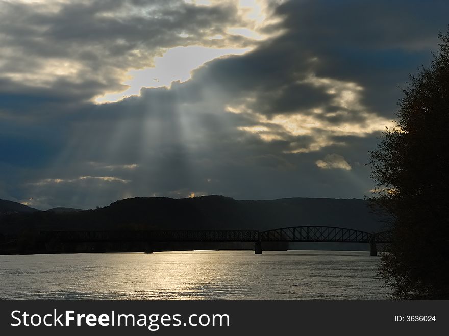 Thunderstorm mood on the Danube with bridge at Krems. Thunderstorm mood on the Danube with bridge at Krems