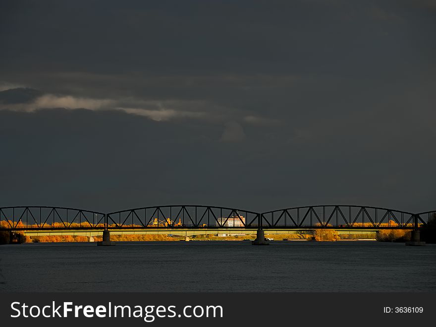 Thunderstorm mood on the Danube with bridge at Krems. Thunderstorm mood on the Danube with bridge at Krems