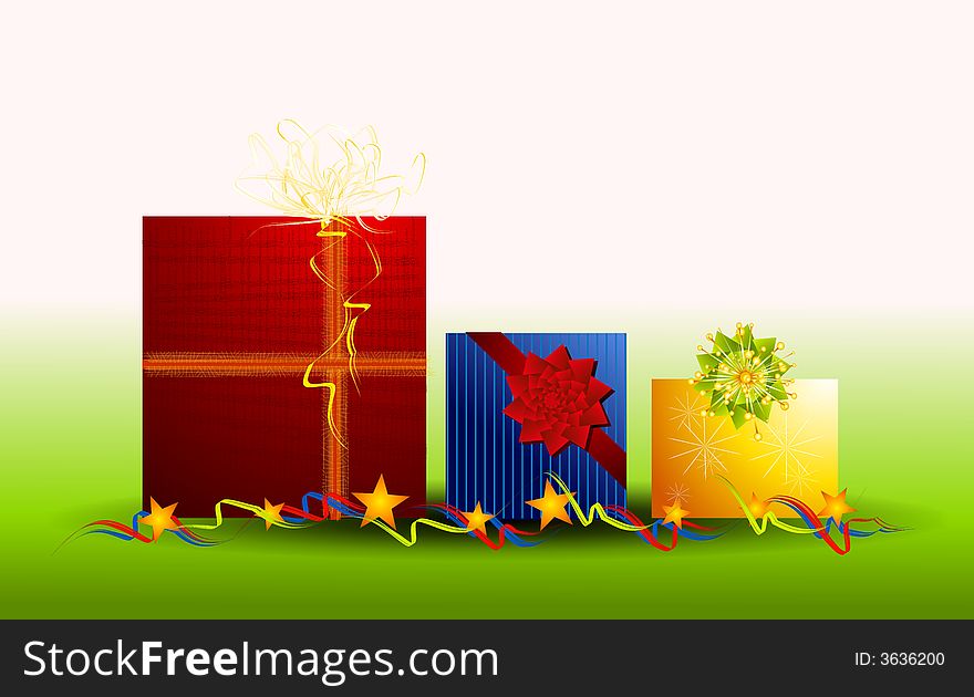 A clip art illustration of Christmas gifts wrapped in bright colors. A clip art illustration of Christmas gifts wrapped in bright colors