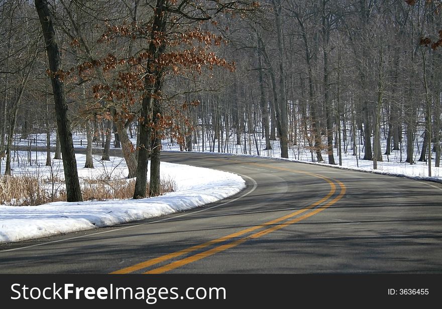 Winding country road through tall trees during winter time. Winding country road through tall trees during winter time