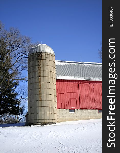 Red barn on bright winter day in michigan