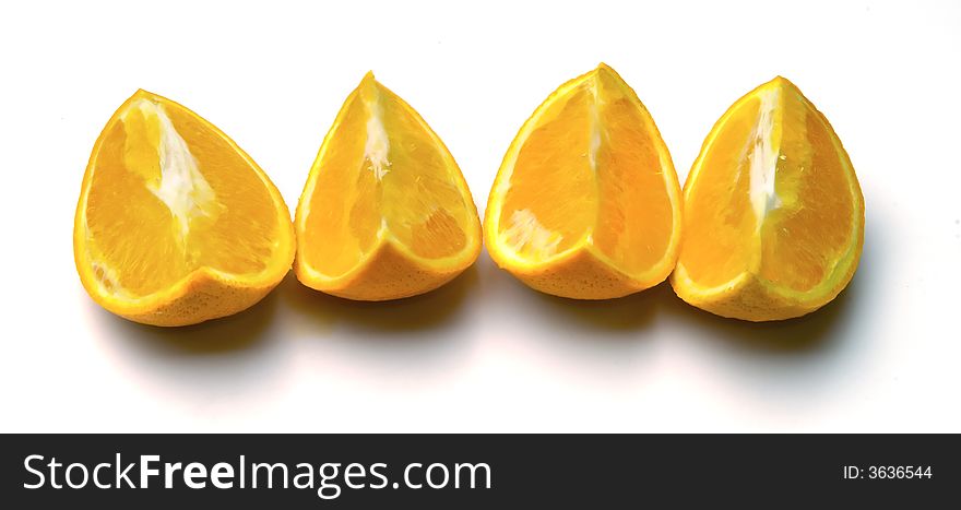 Juicy orange segments on a white background