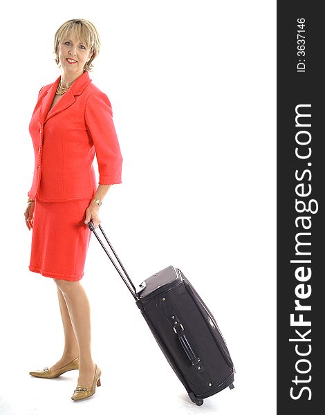 Woman with luggage on white vertical