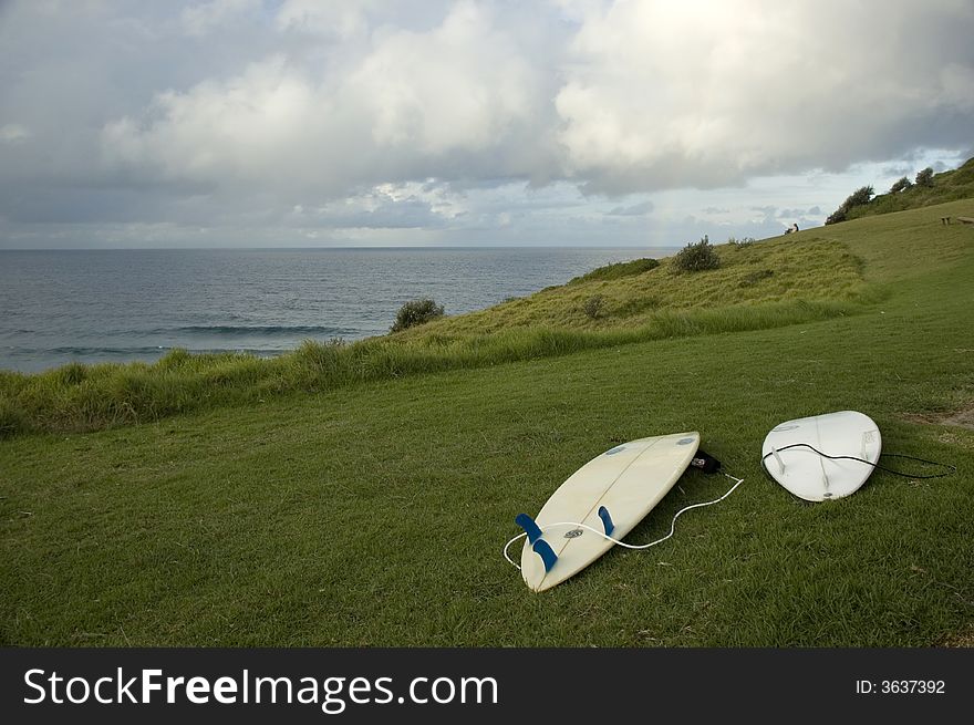 Surfboards on the grass, Australia