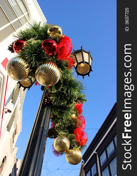 Christmas decorations on lighting pole