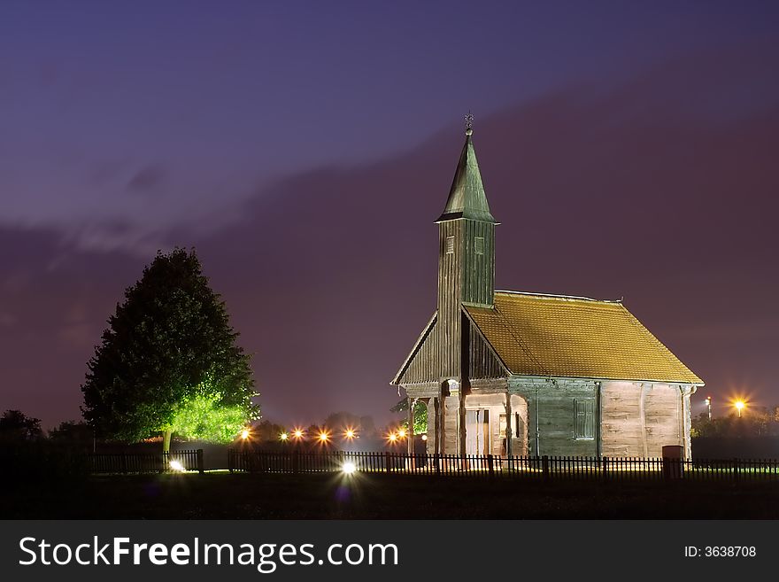 Church and tree at night