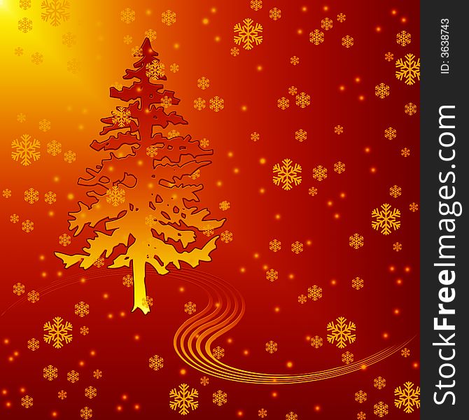 Christmas background. A fur-tree on a background of falling snowflakes.