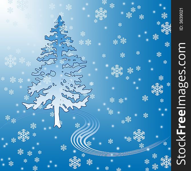 Christmas background. A fur-tree on a background of falling snowflakes.