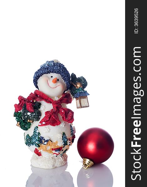 Snowman and red christmas ball