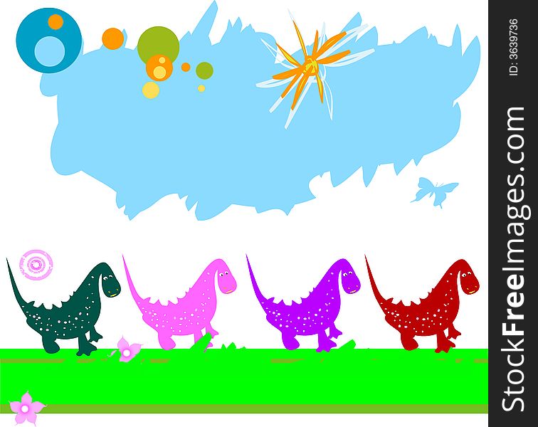 Dinosaurs caravan; chain of dinosaurs in a field