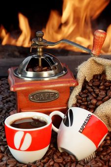 Two Cups Of Espresso, Coffee Beans And Grinder Stock Photography Two Cups Of Espresso, Coffee Beans And Grinder Stock Photography