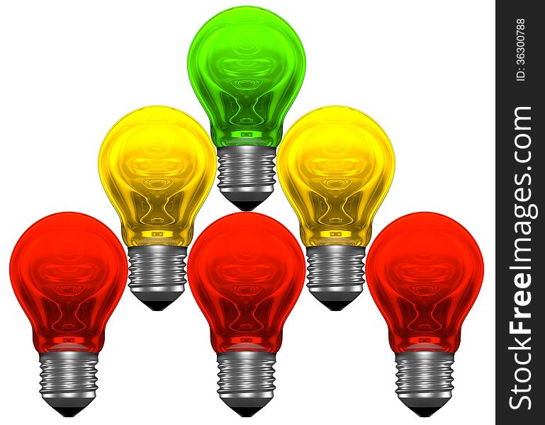 Pyramid of red, yellow and green light bulbs. Brainstorming, search or experimenting concept