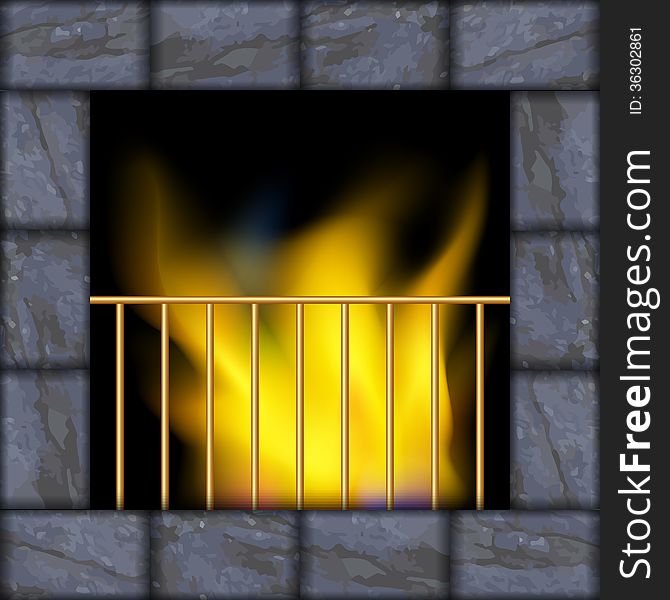 Vector illustration of fire in the stone fireplace