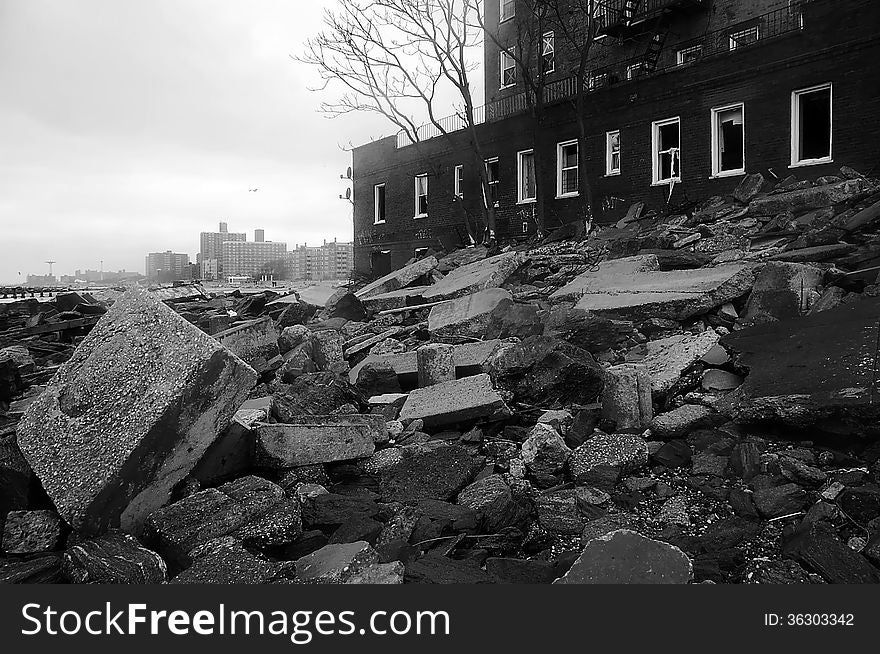 Next day after storm on Coney Island was with real dramatic evidences like after bombing strikes,this building on a distance of meters from ocean nearby beach area. Next day after storm on Coney Island was with real dramatic evidences like after bombing strikes,this building on a distance of meters from ocean nearby beach area