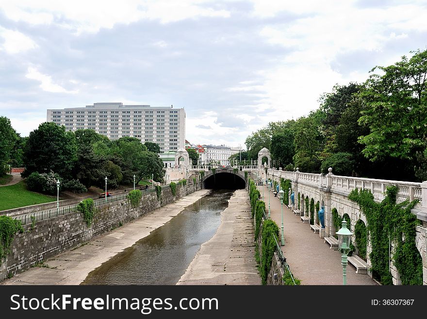 Detail of a channel from the river Danube that runs through Vienna, Austria