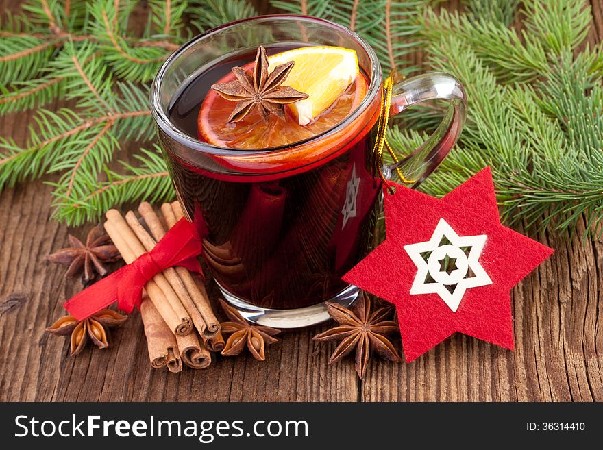 Mulled wine with christmas decoration. Mulled wine with christmas decoration