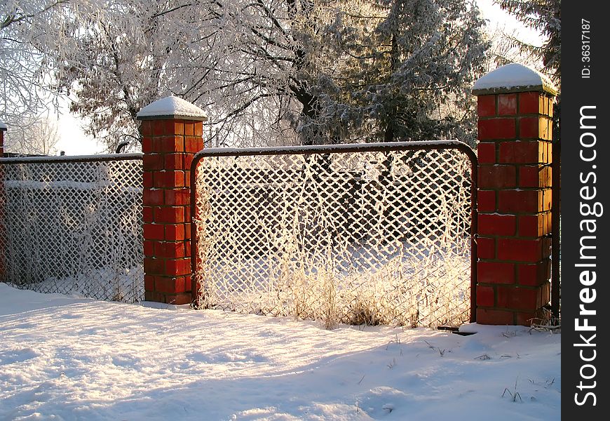 Fence with hoarfrost in the winter sunny day