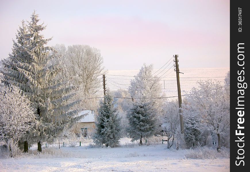 Winter rural landscape under snow