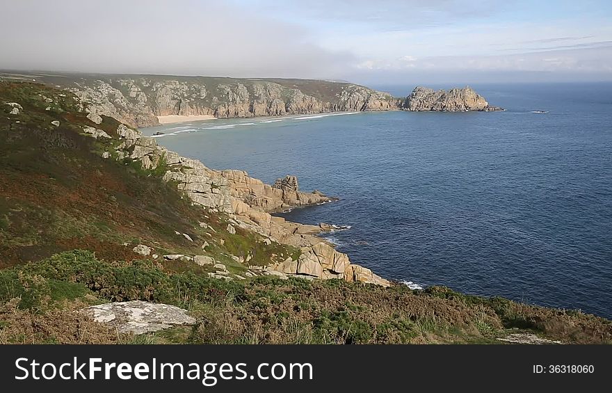Coast of Cornwall England in autumn with mist
