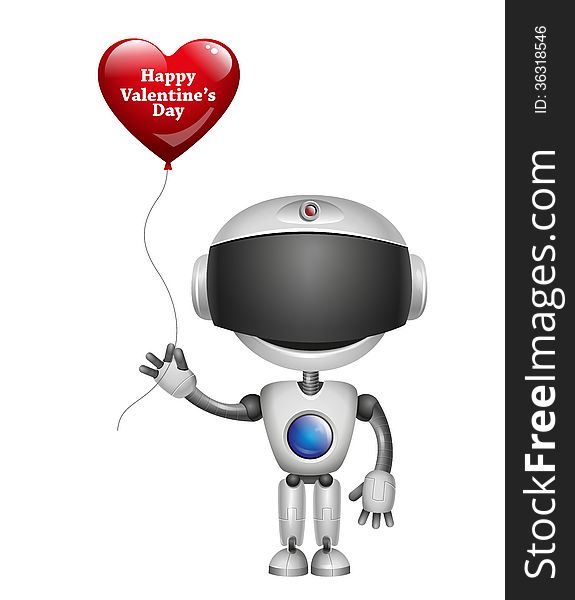 Valentines Day. Robot With Balloon Heart. Vector illustration