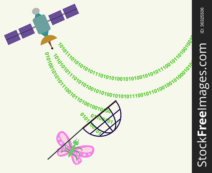 A butterfly using a net to catch signals from a satellite. A butterfly using a net to catch signals from a satellite