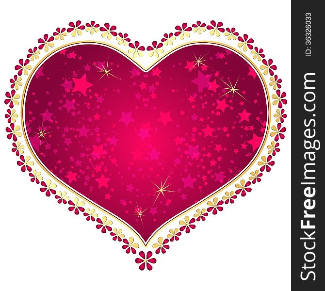 Red and gold vintage valentine frame with big purple heart and stars isolated on white (vector eps 10)