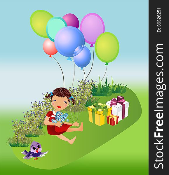 , the composition of the seated girl holding balloons and flowers. , the composition of the seated girl holding balloons and flowers