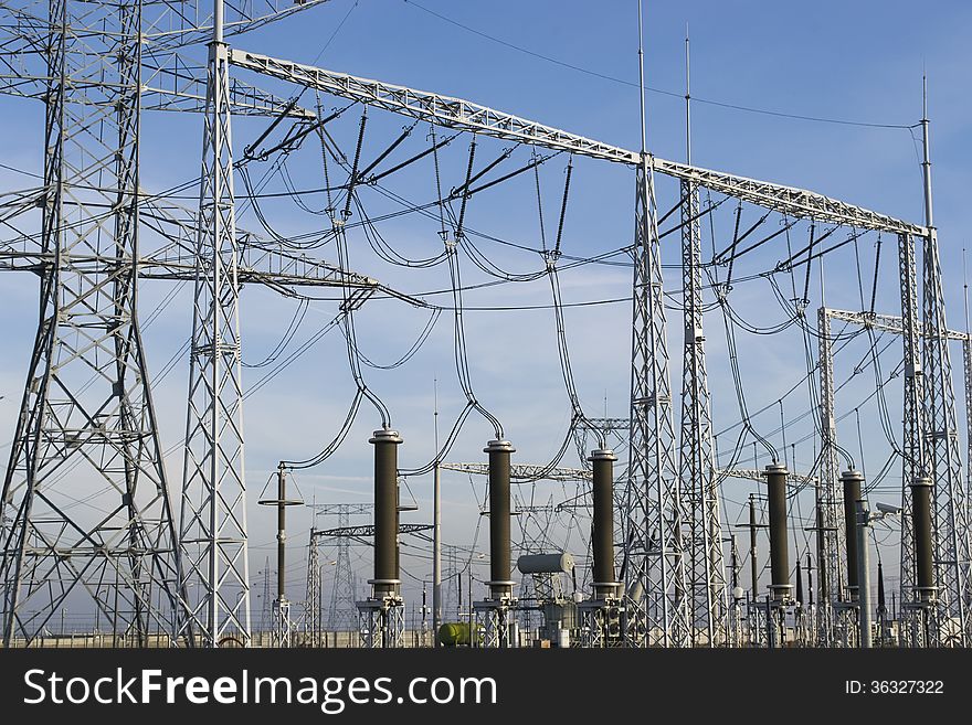 Electrical equipments and installations at a transformation station in detail. Electrical equipments and installations at a transformation station in detail