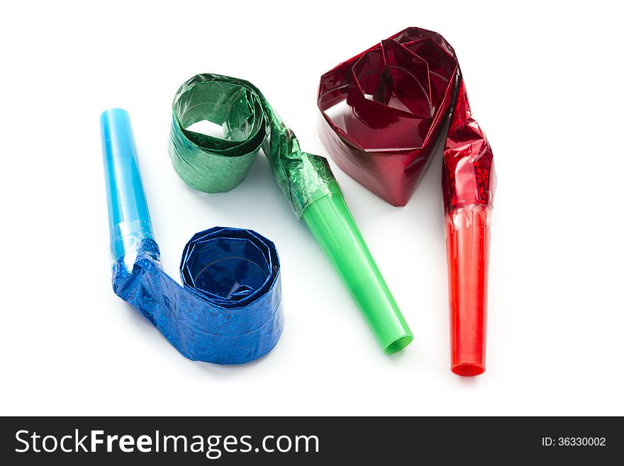 Colorful party horns blower group isolated white background