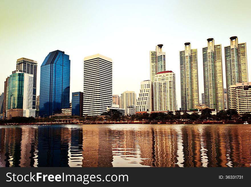 City Skyscrapers at evening in the sunset, Thailand